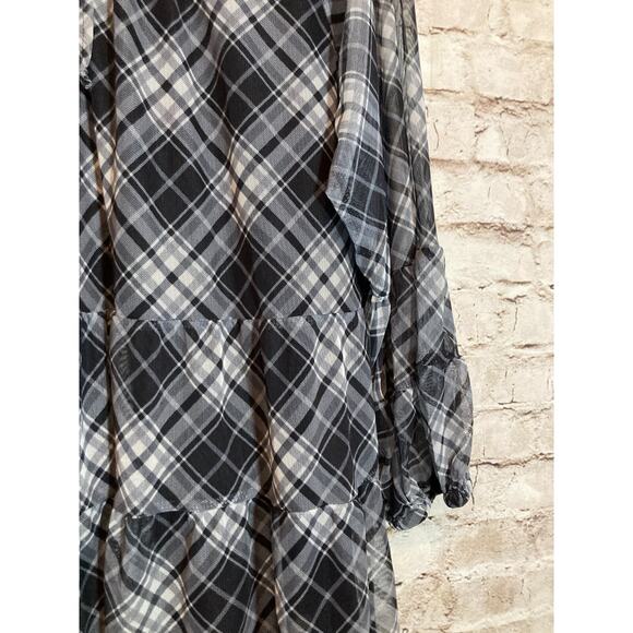 Terra & Sky Babydoll Top Womens 1X Gray Plaid Mesh Balloon Sleeve Ruffle Boho - Picture 4 of 12